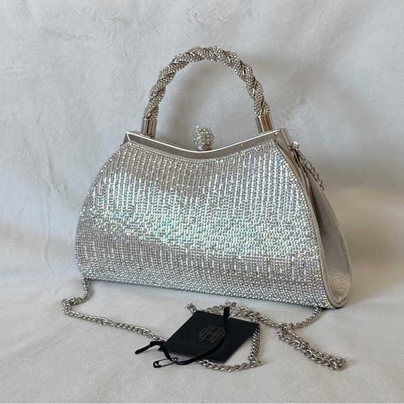 House of Harlow 1960 Metallic Silver Iridescent Rhinestone Beaded Handbag Purse - Picture 6 of 17